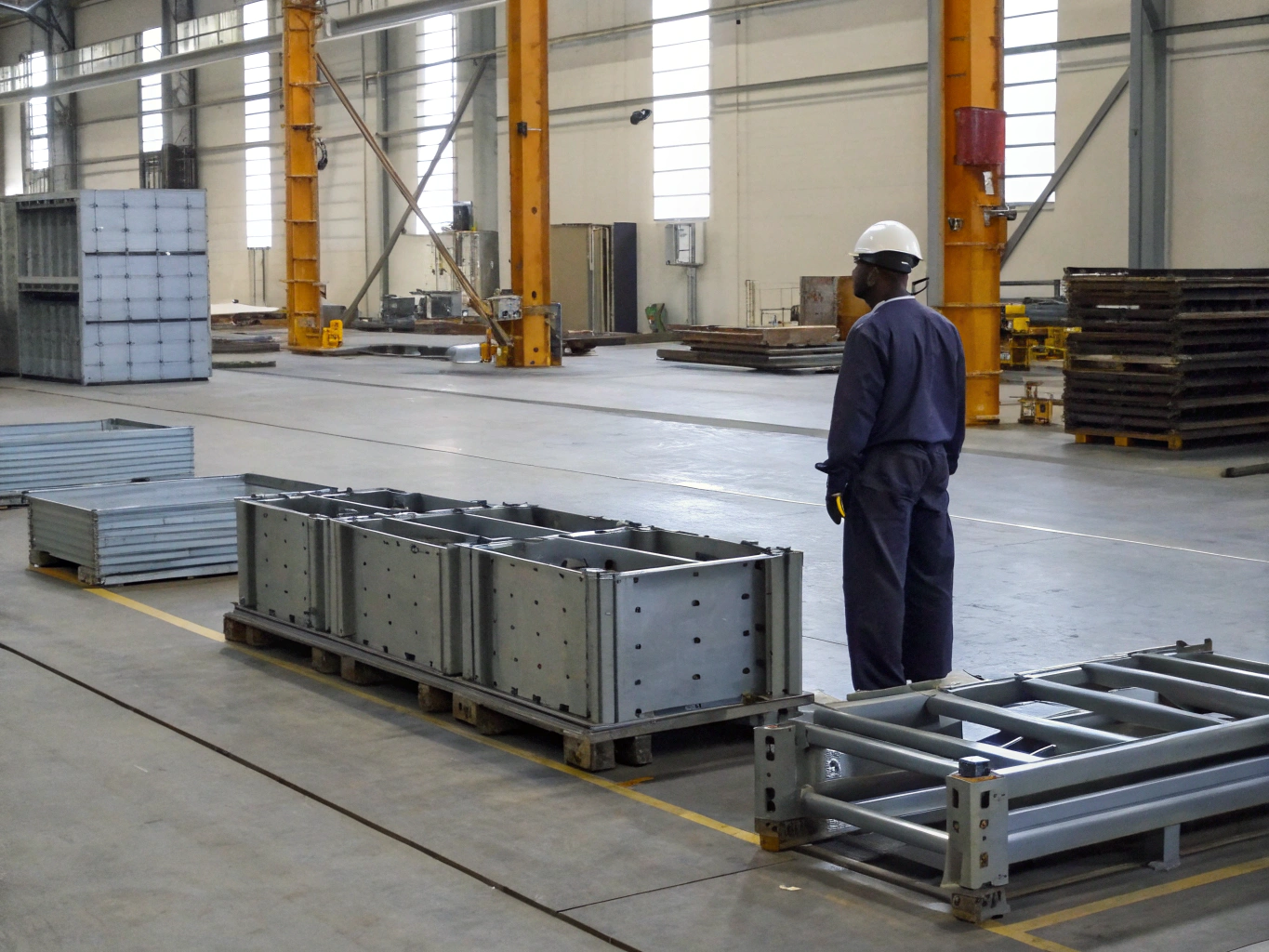 Factory preparation for export Factory floor with metal parts staged for shipment (ID#2)