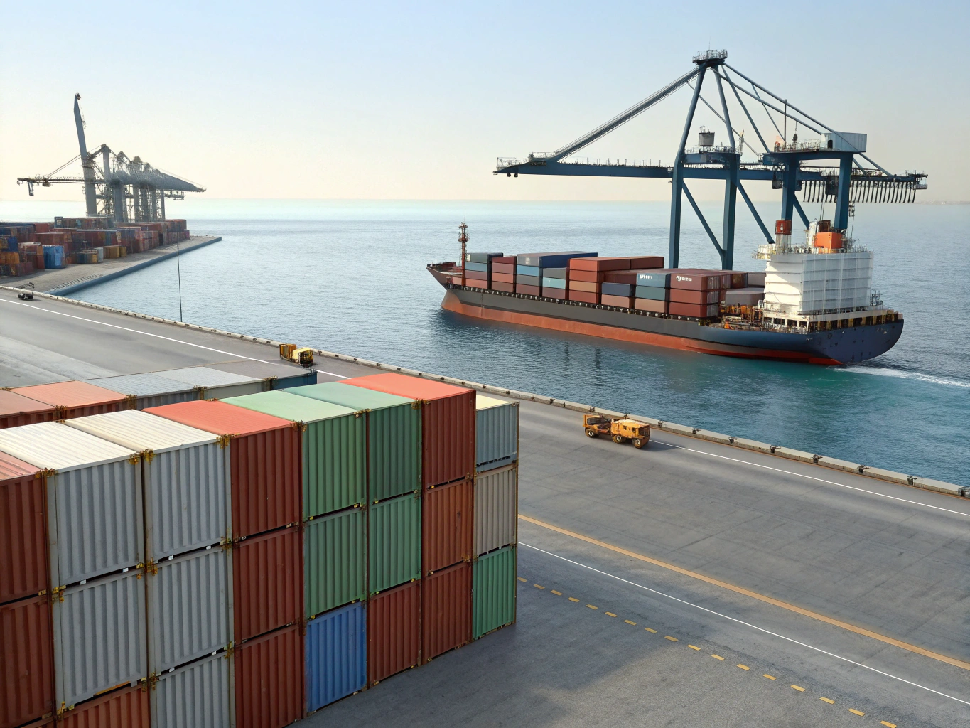 Container port operation Cargo ship docked beside stacked containers (ID#2)