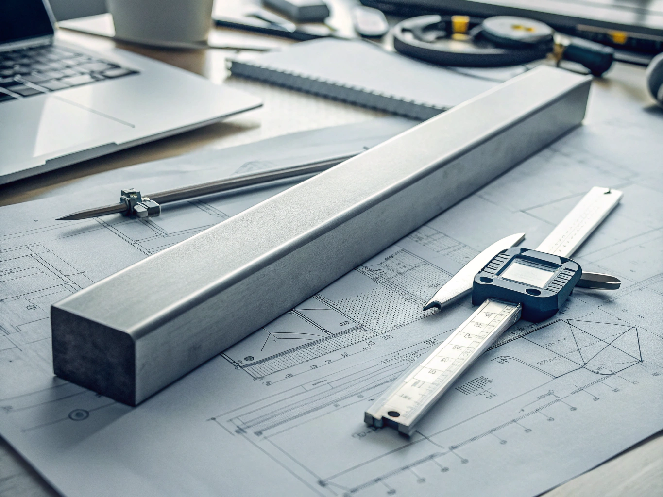 Engineering measurement Precision measuring tools and metal bar on engineering drawing (ID#2)