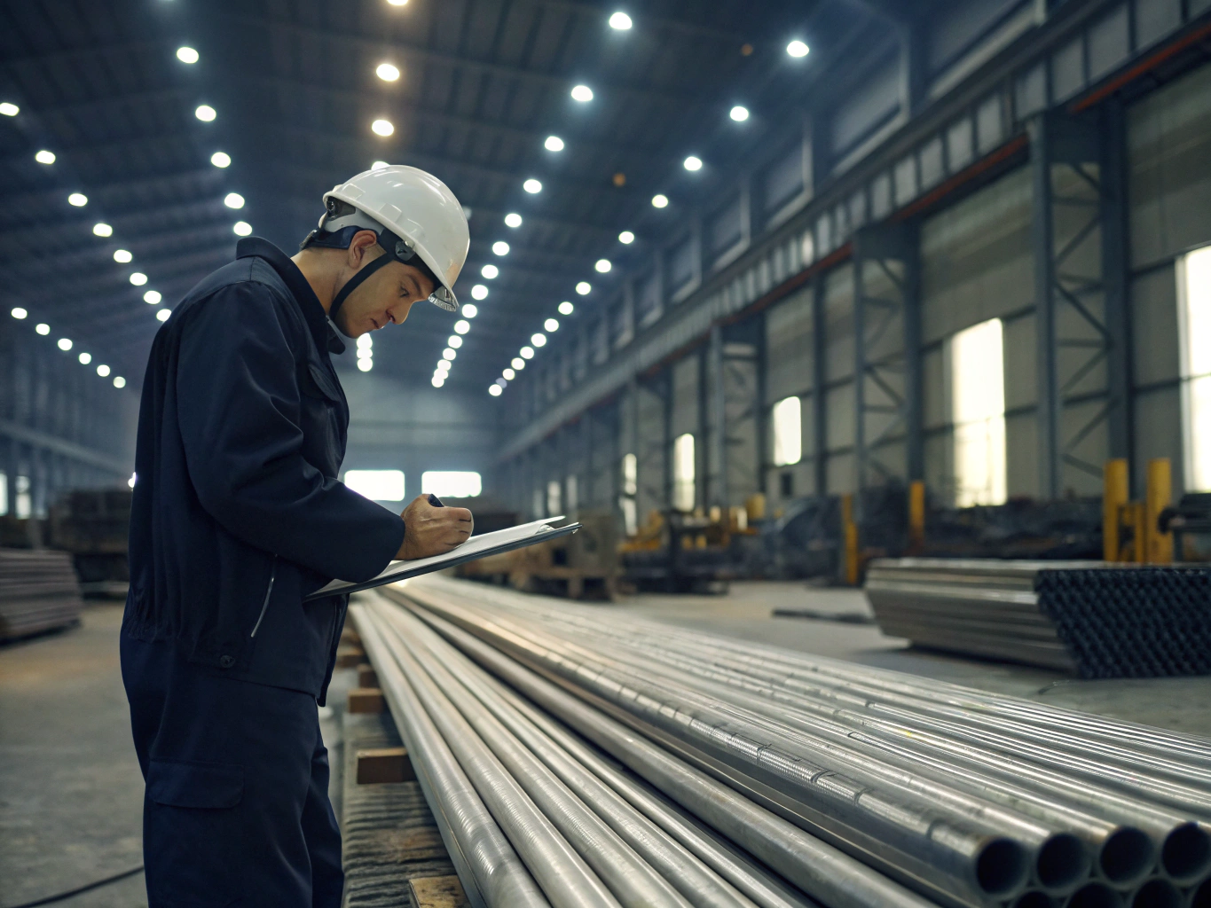 Steel tube inspection Engineer recording inspection data in steel tube factory (ID#2)