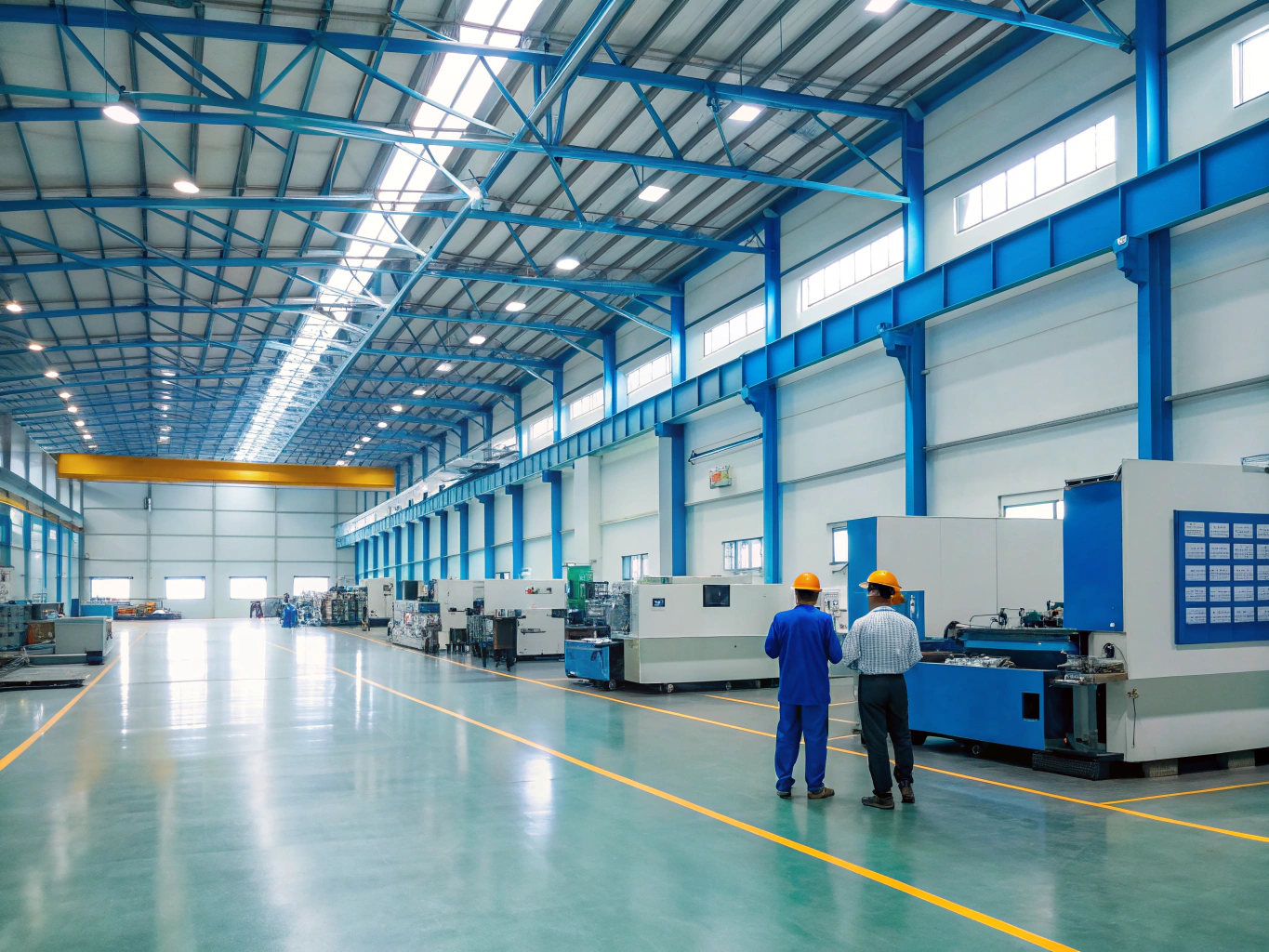 Two engineers inspecting modern factory floor (ID#2)