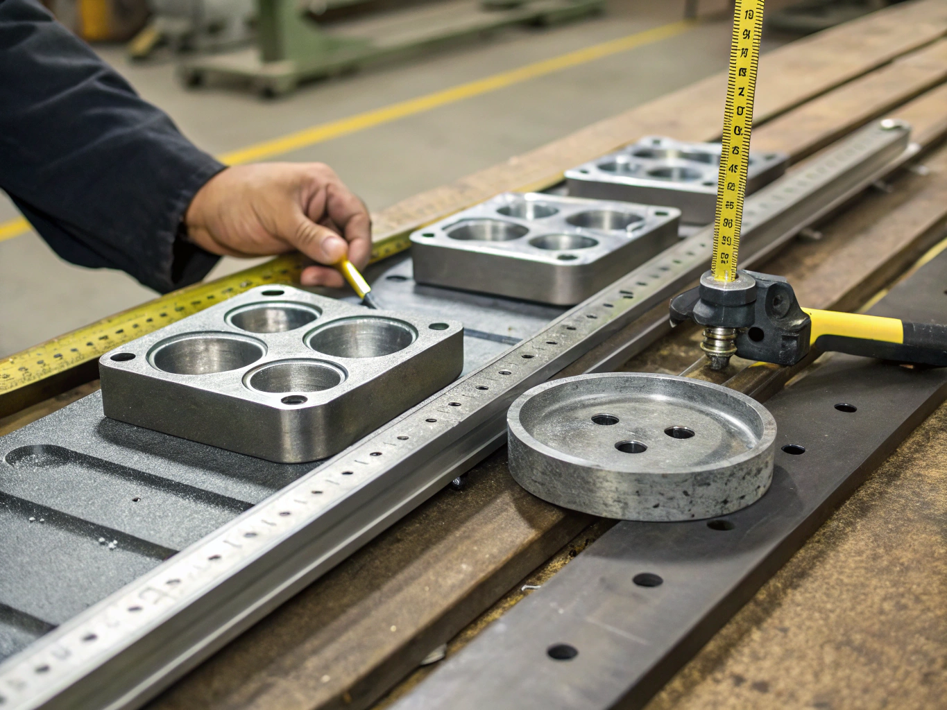 Metal part inspection Worker measuring precision metal components on workshop table (ID#3)
