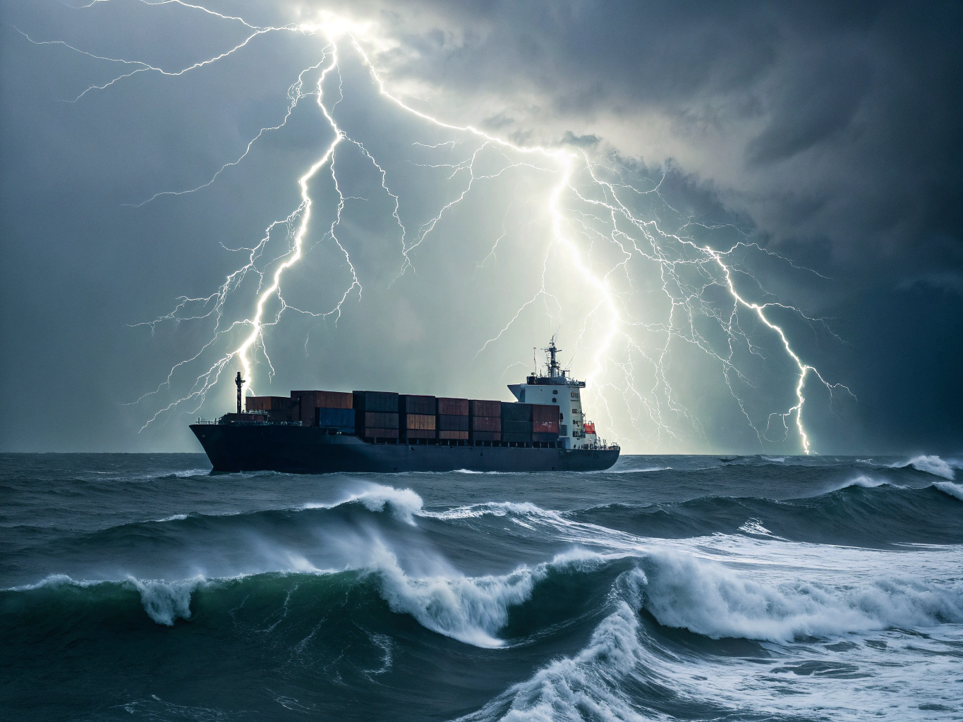 Maritime risk scene Container ship in storm with lightning (ID#3)