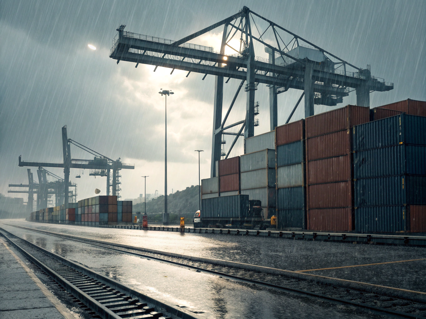 Port congestion delay Shipping yard under heavy rain with stacked containers (ID#3)