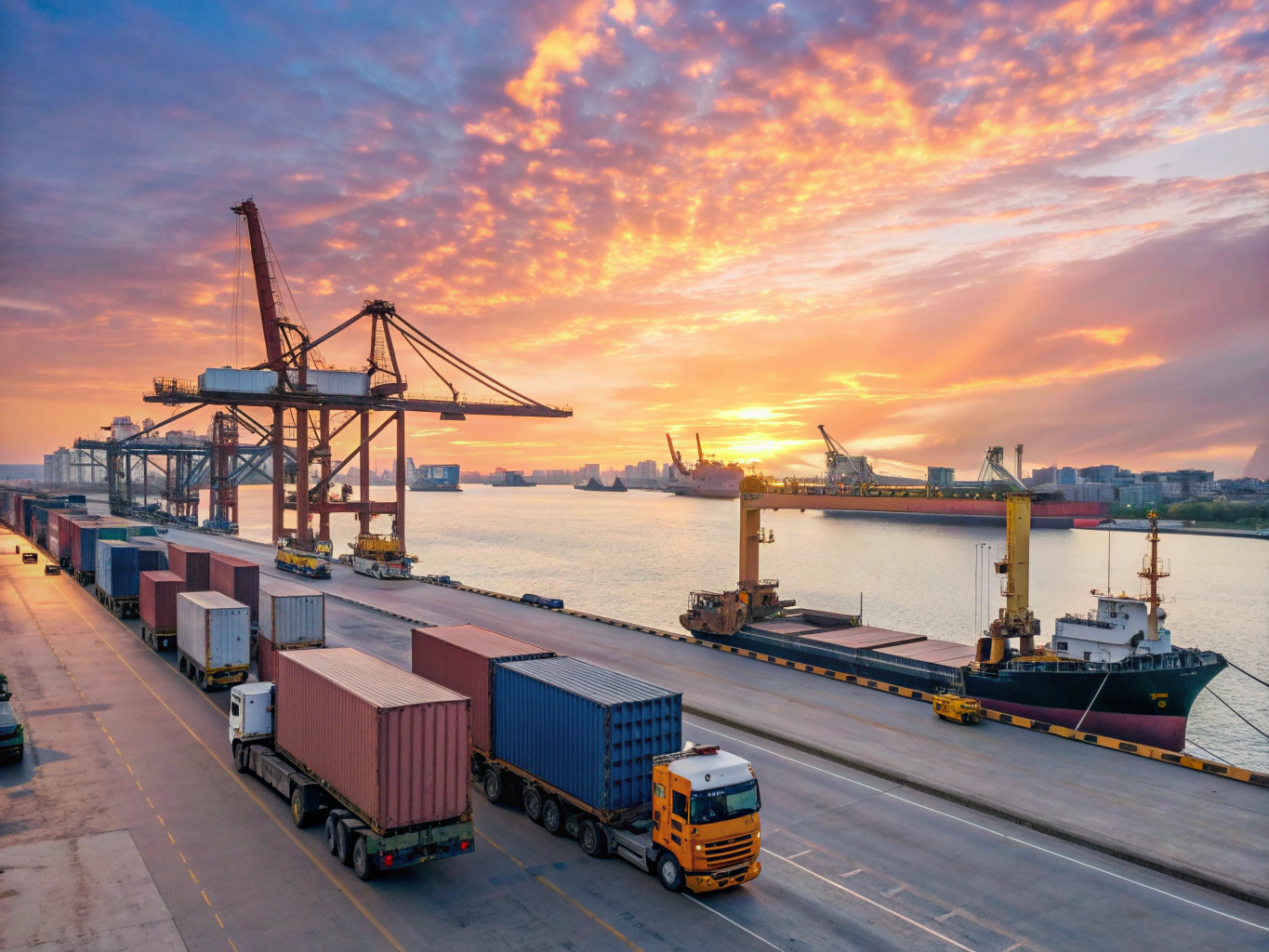 Port logistics scene Shipping containers and cranes at port during sunset (ID#3)