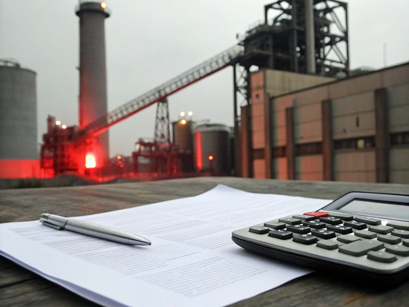 Factory audit scene Industrial site paperwork with calculator and pen (ID#3)