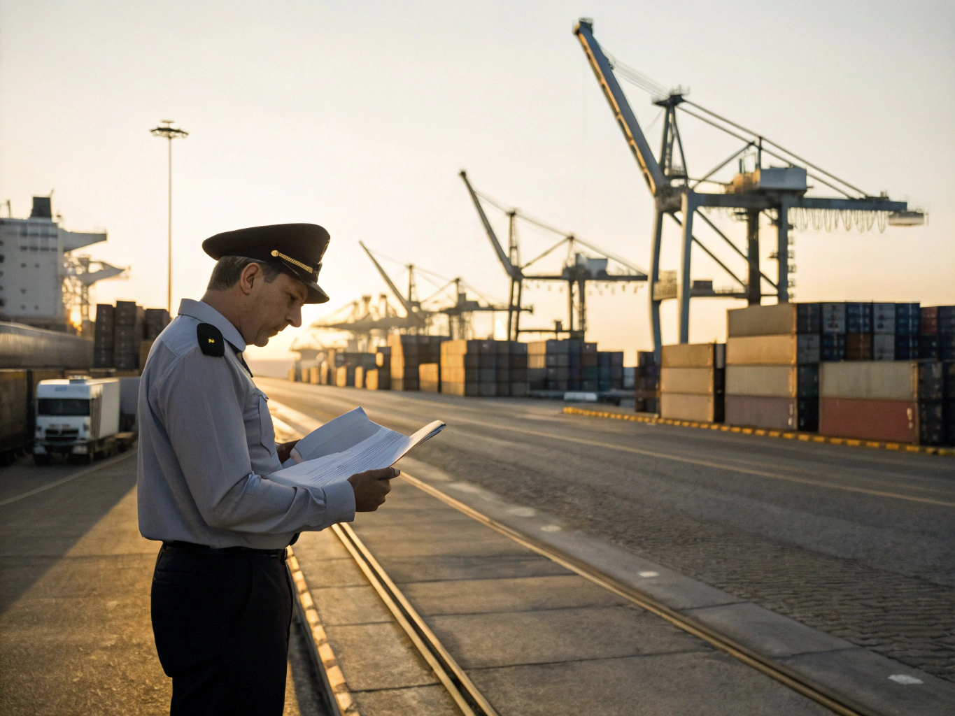 Customs clearance inspection at port U.S. customs official reviewing container paperwork (ID#3)