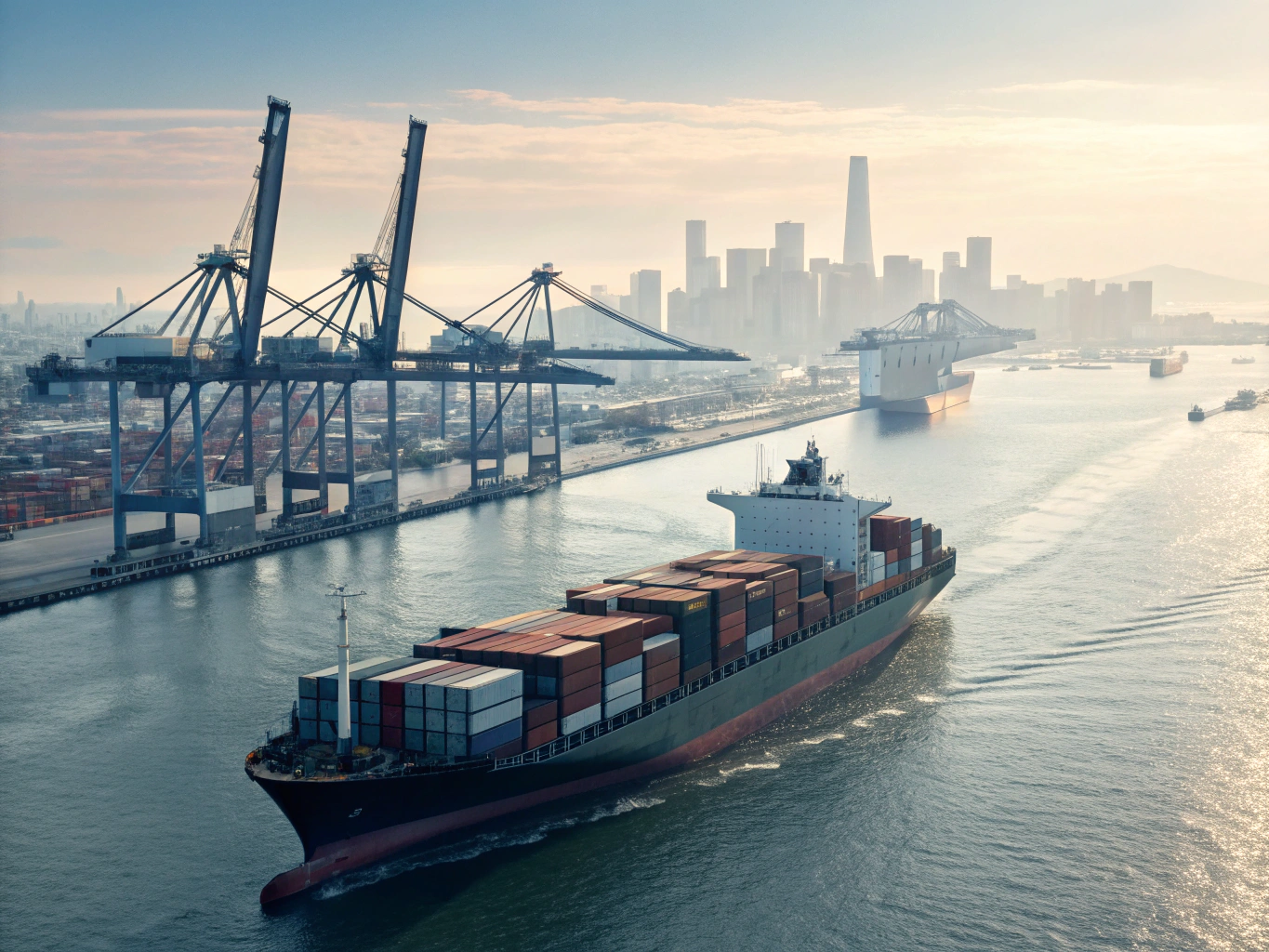 Maritime shipping scene Cargo ship sailing through city port waters (ID#3)