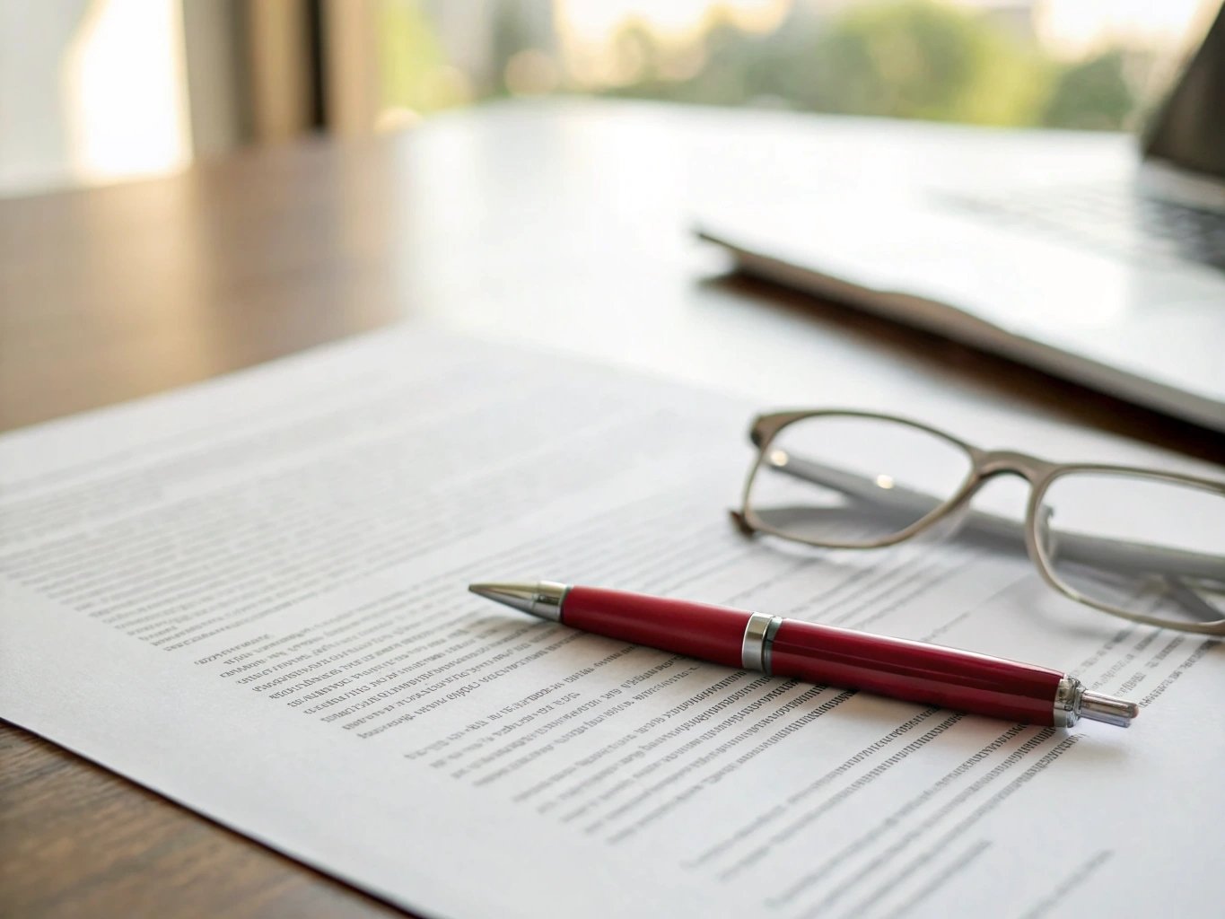 Contract document with pen and eyeglasses on desk (ID#3)