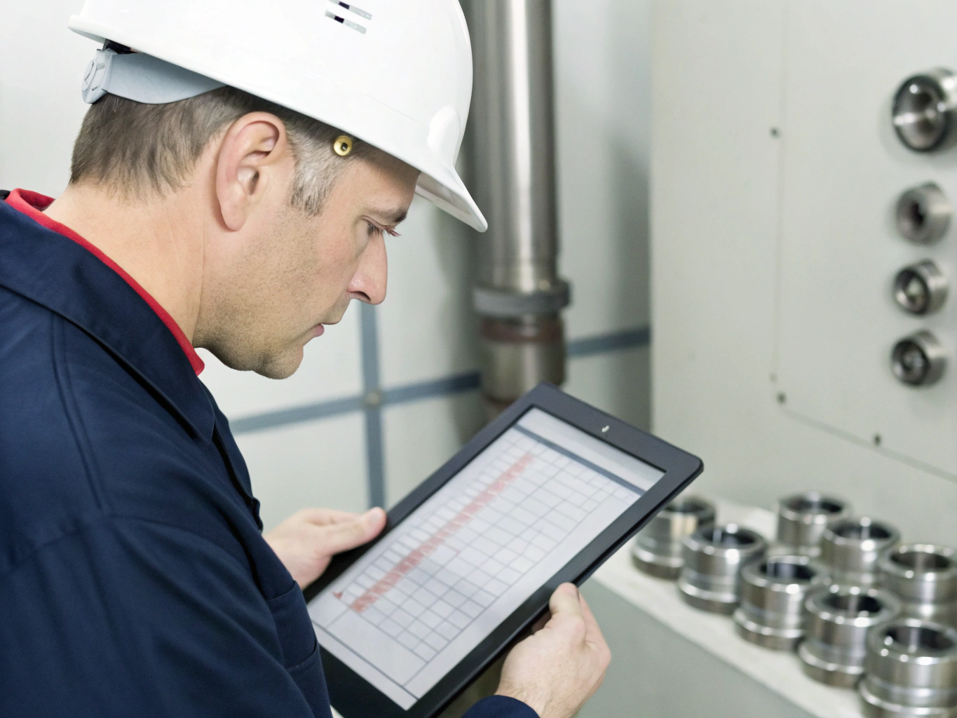 Quality control Technician checking machined components (ID#3)