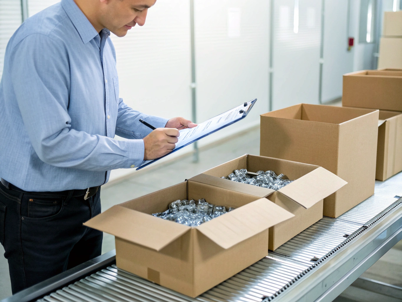 Packaging inspection Quality inspector checking packaged metal components on conveyor (ID#3)