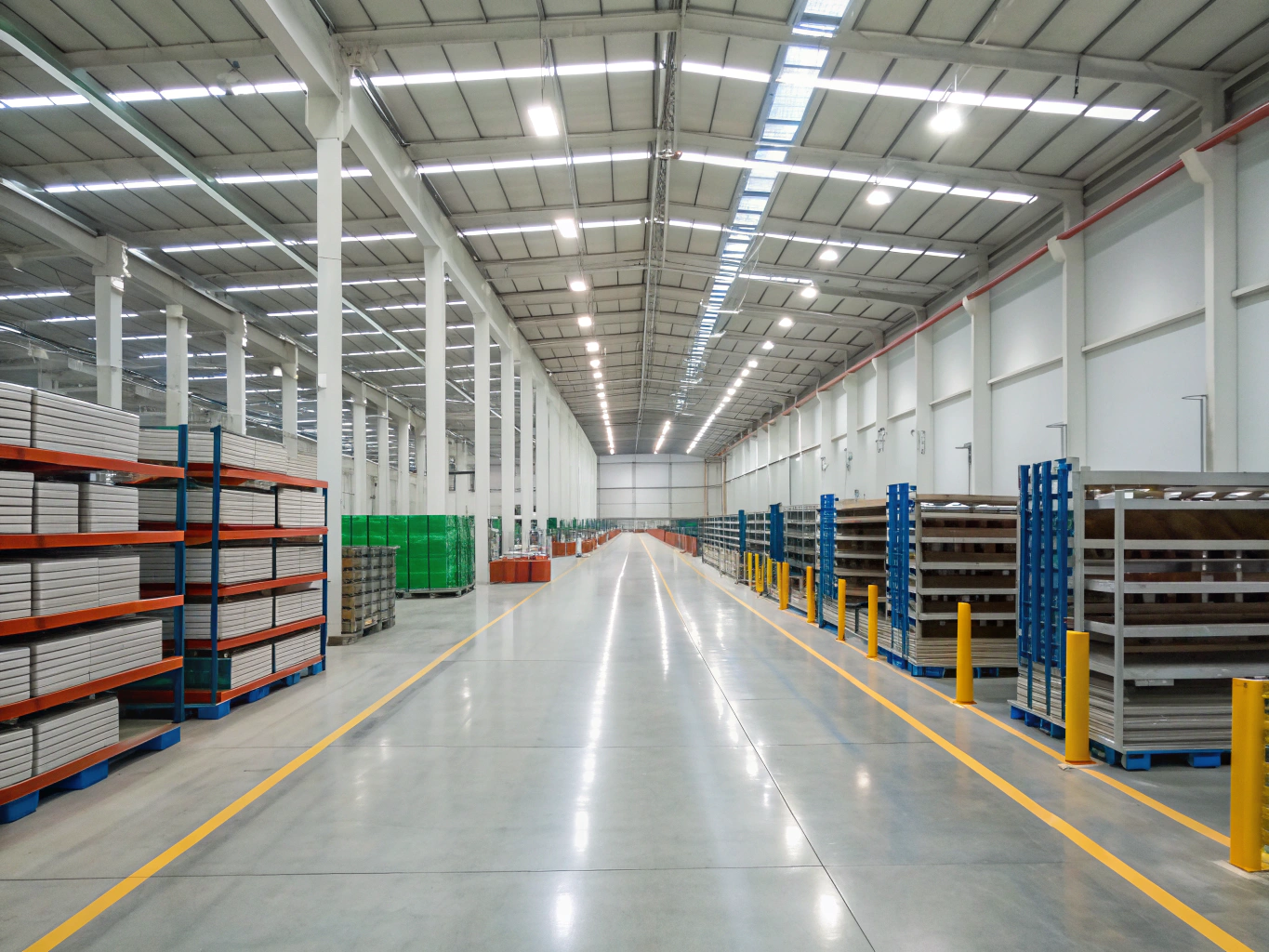 Modern warehouse Organized warehouse with industrial shelves and clean floor (ID#3)