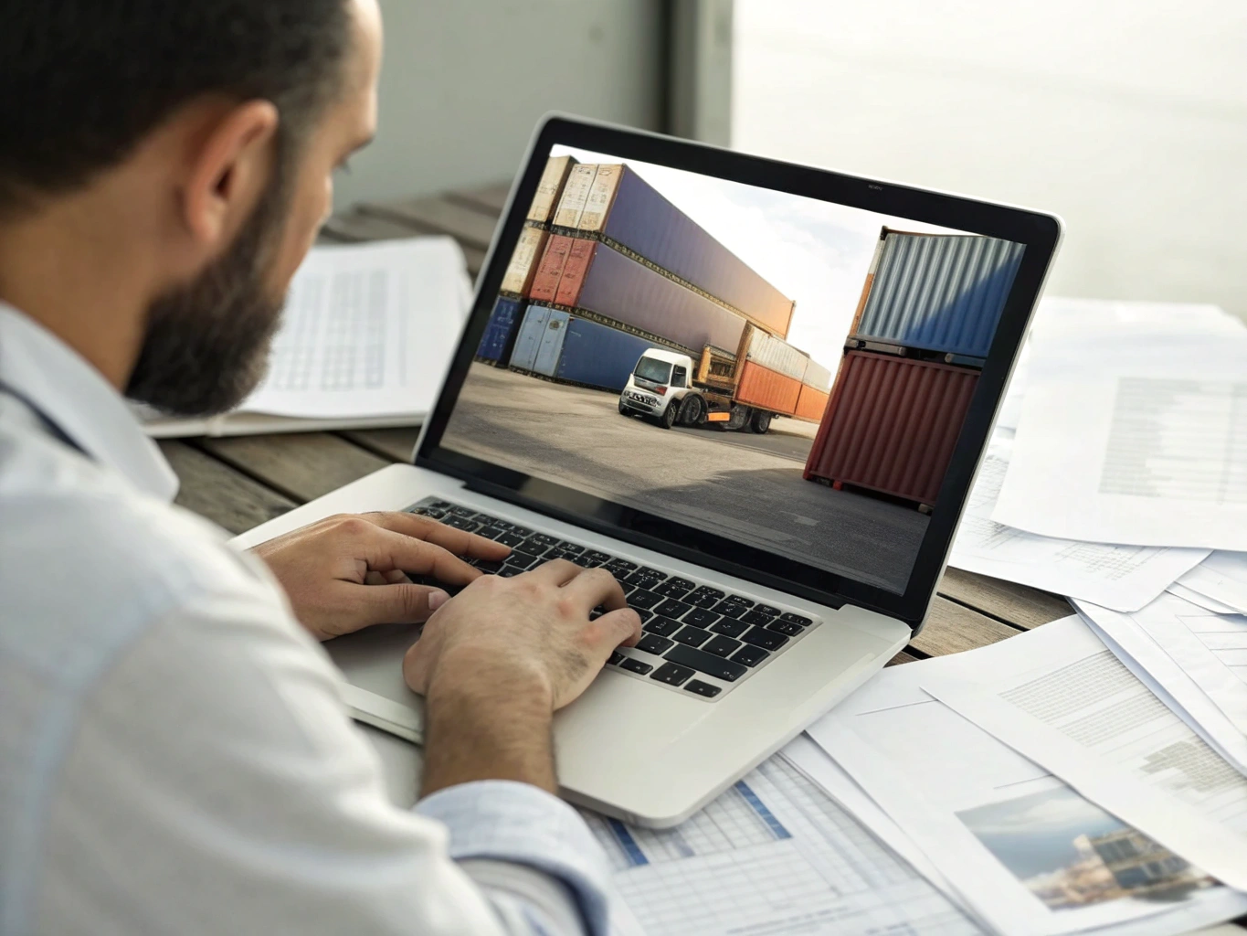 Customs clearance review Freight manager reviewing customs documents digitally (ID#4)