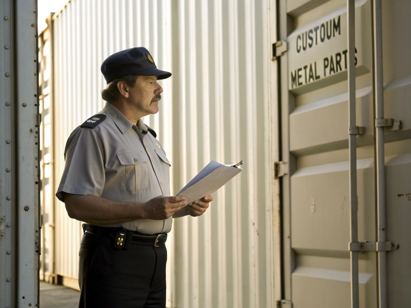 Customs inspection delay Customs inspector holding a flagged document labeled ‘Hold for Review’ (ID#4)