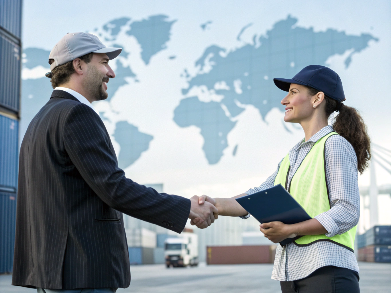 Successful shipping negotiation Freight forwarder and buyer shaking hands near containers (ID#4)