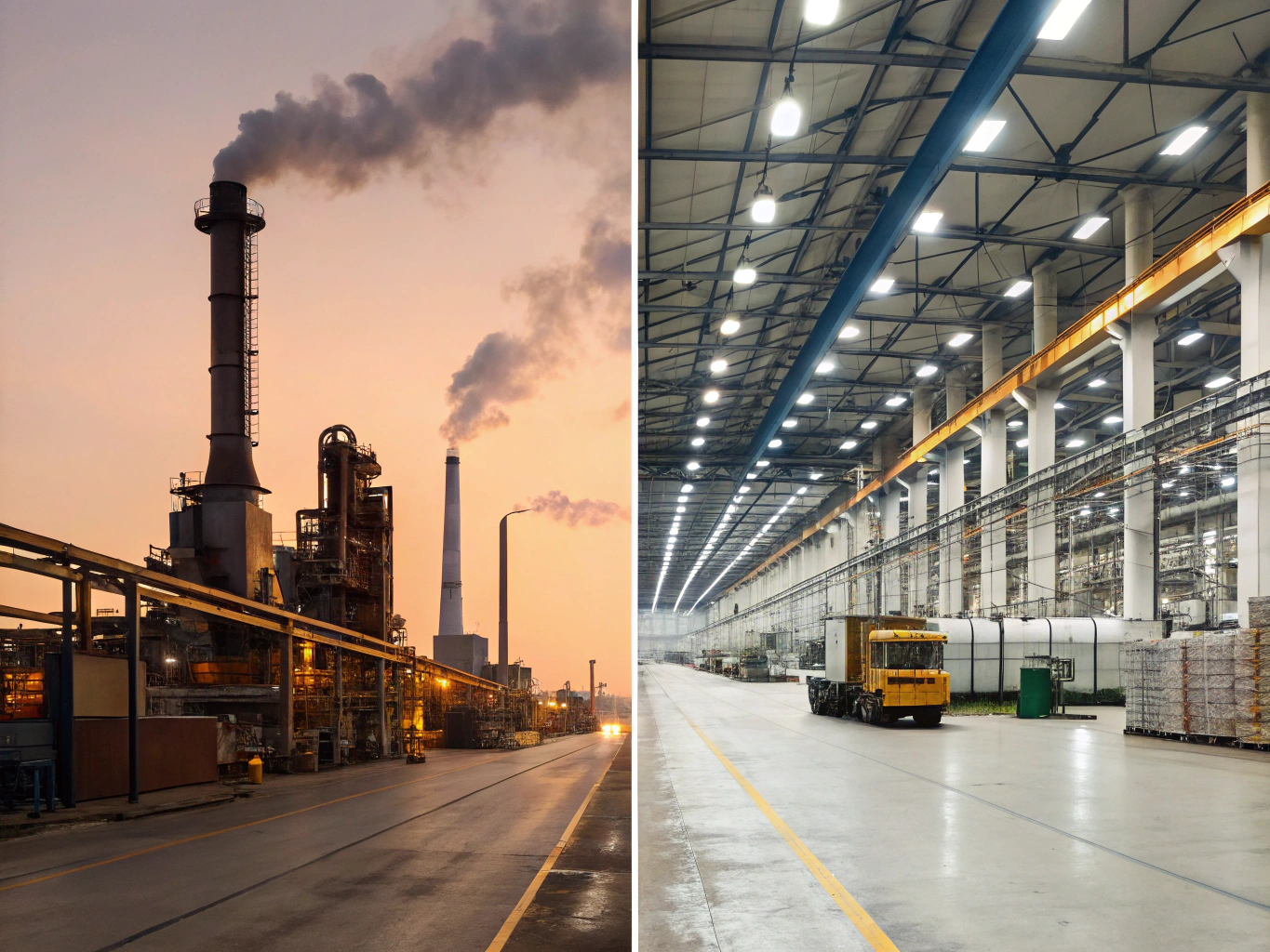 Factory downtime Split view of idle factory and warehouse interior (ID#4)