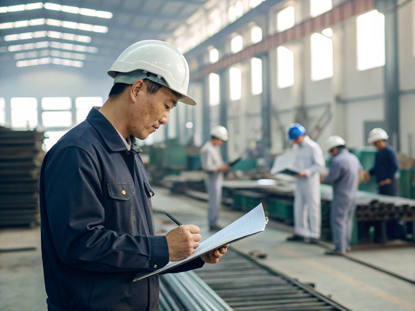 Engineer inspecting factory operations, auditing production and quality control (ID#4)