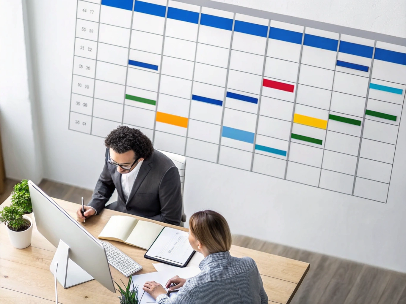 Project planning meeting Two professionals planning schedule with project board (ID#4)