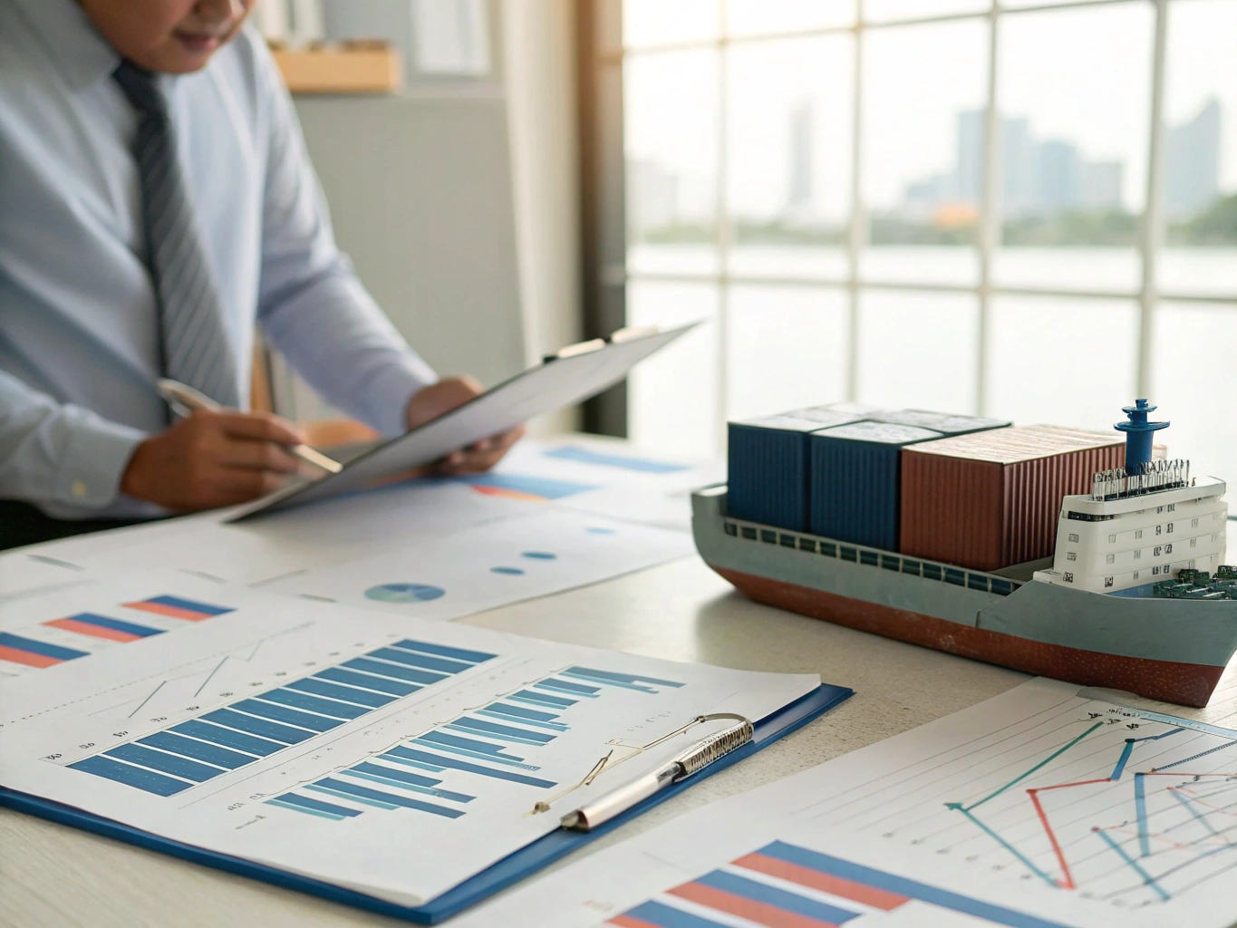 LCL shipment coordination Office scene with purchasing manager planning mixed LCL shipment (ID#4)