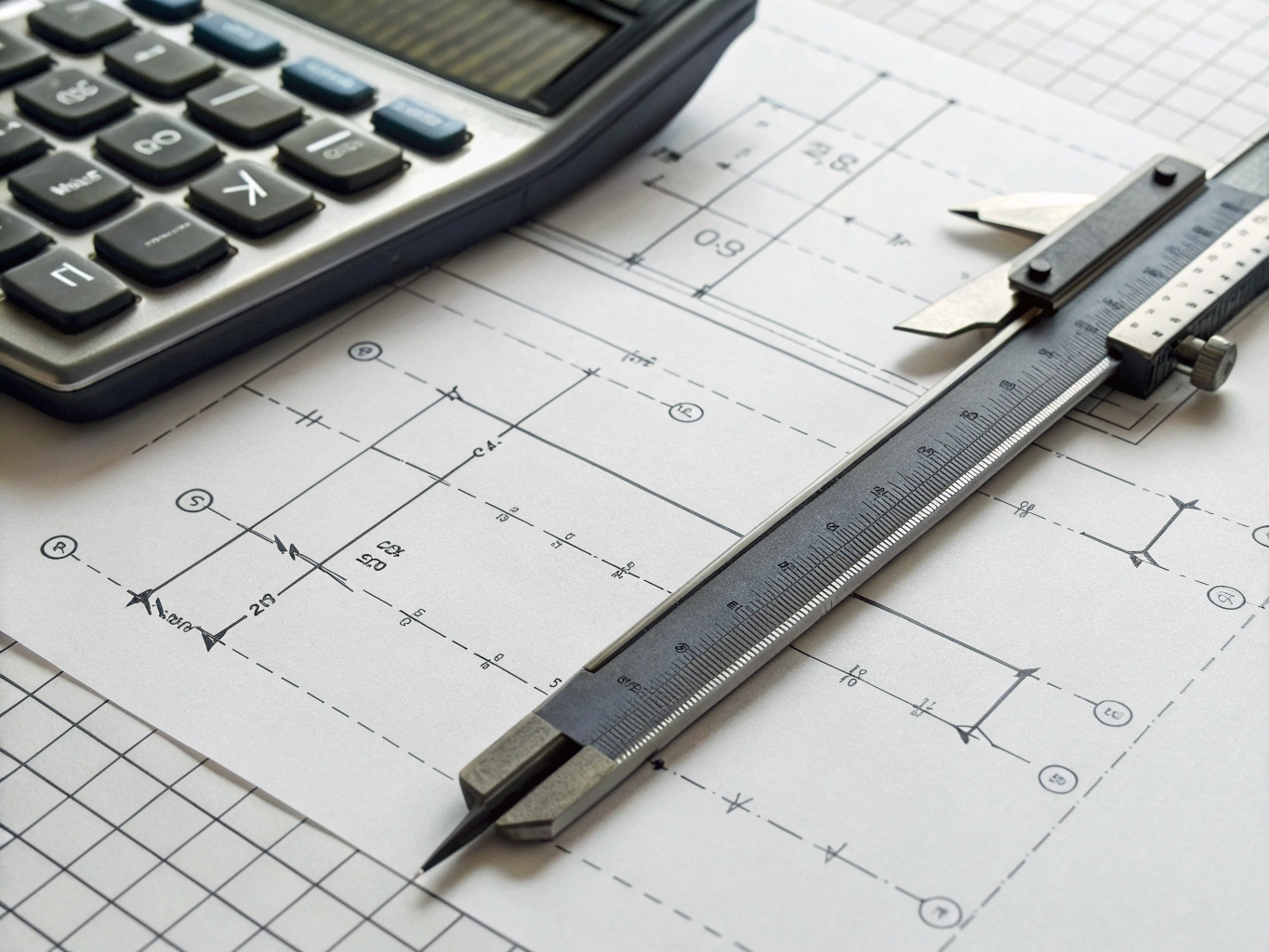 Technical drawing tools Engineering drawing with caliper and calculator for measurement planning (ID#4)