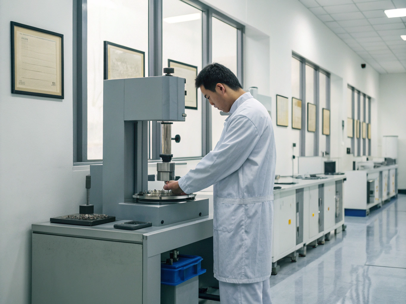 Lab inspection Technician conducting material hardness test in laboratory (ID#4)