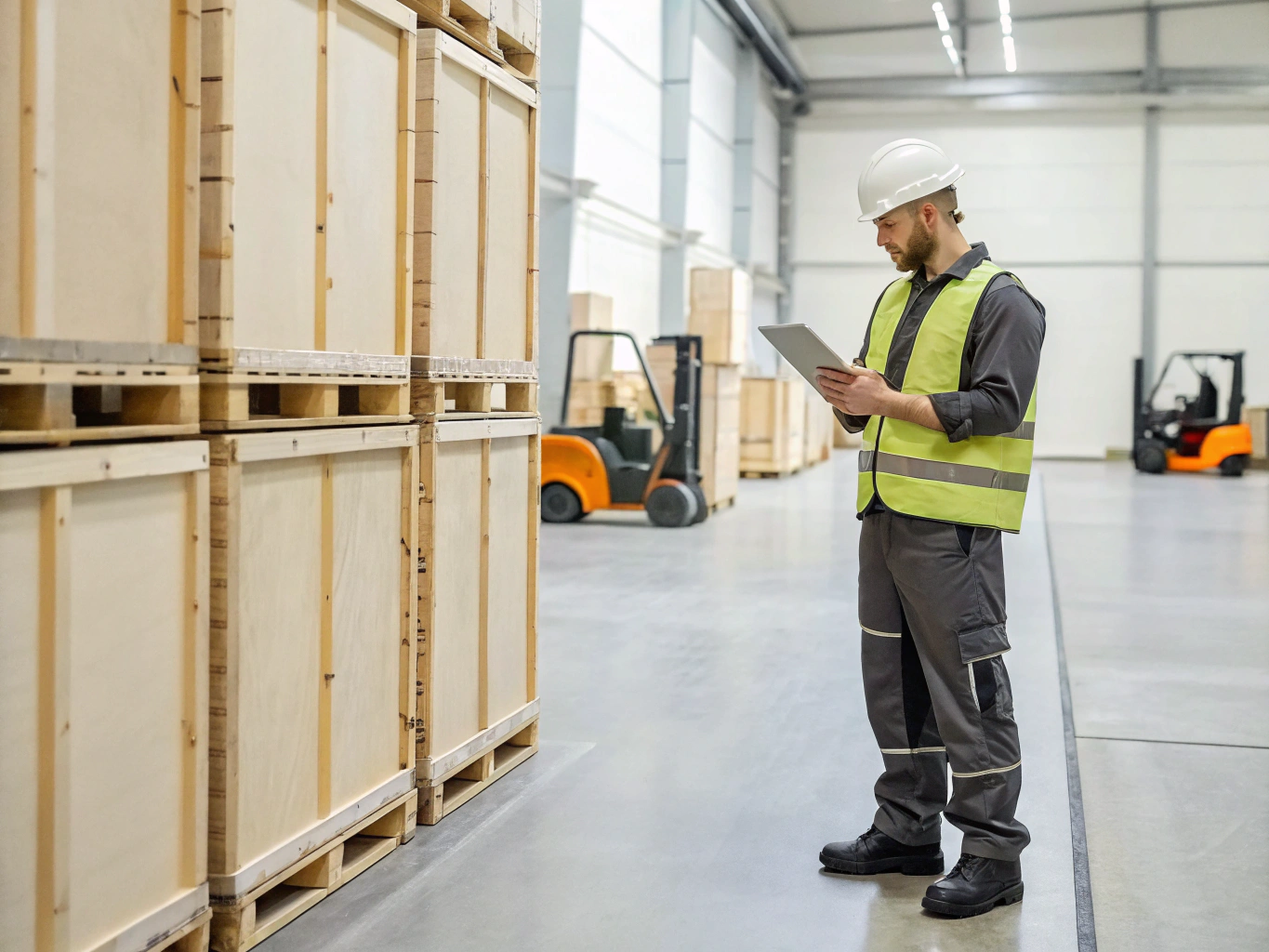 Shipment labeling verification Warehouse worker checking crate labels for accuracy (ID#4)