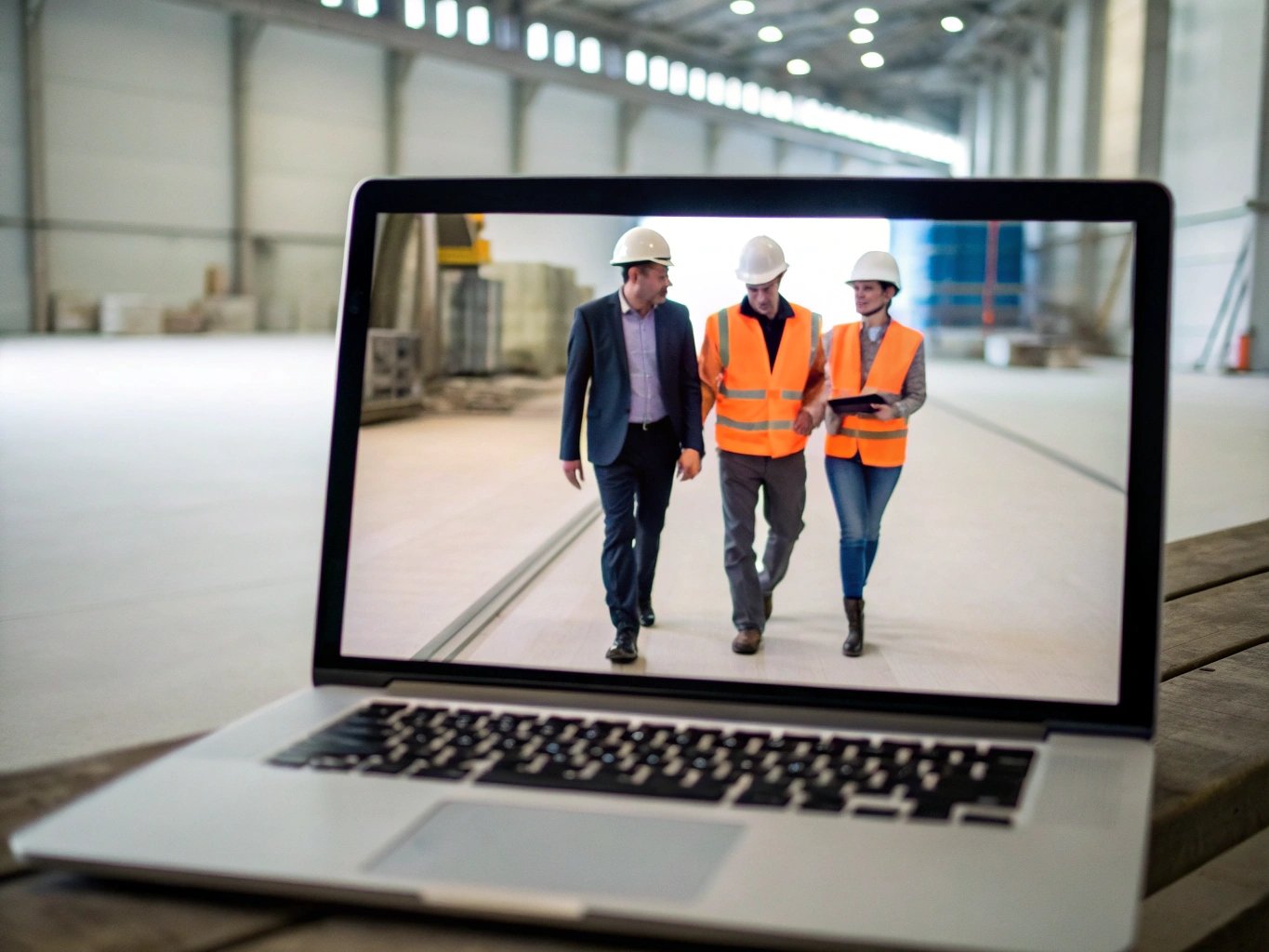 Laptop showing engineers in safety vests at factory (ID#4)