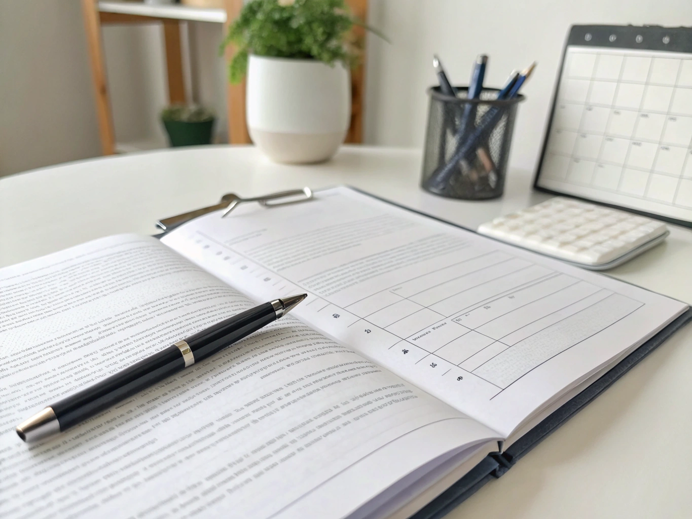 Contract signing setup Open contract with pen beside calendar (ID#5)