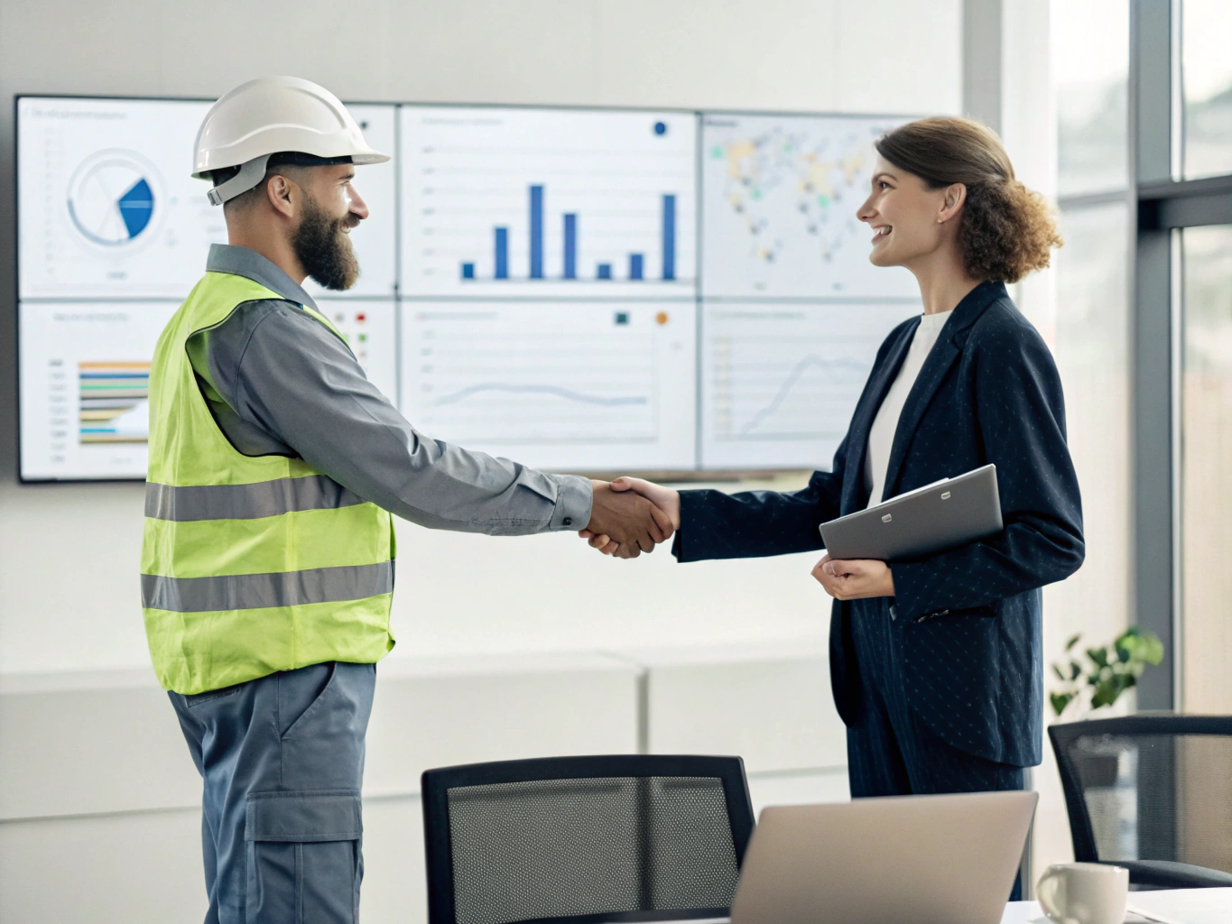 Successful logistics partnership Engineer and manager shaking hands after logistics deal (ID#5)