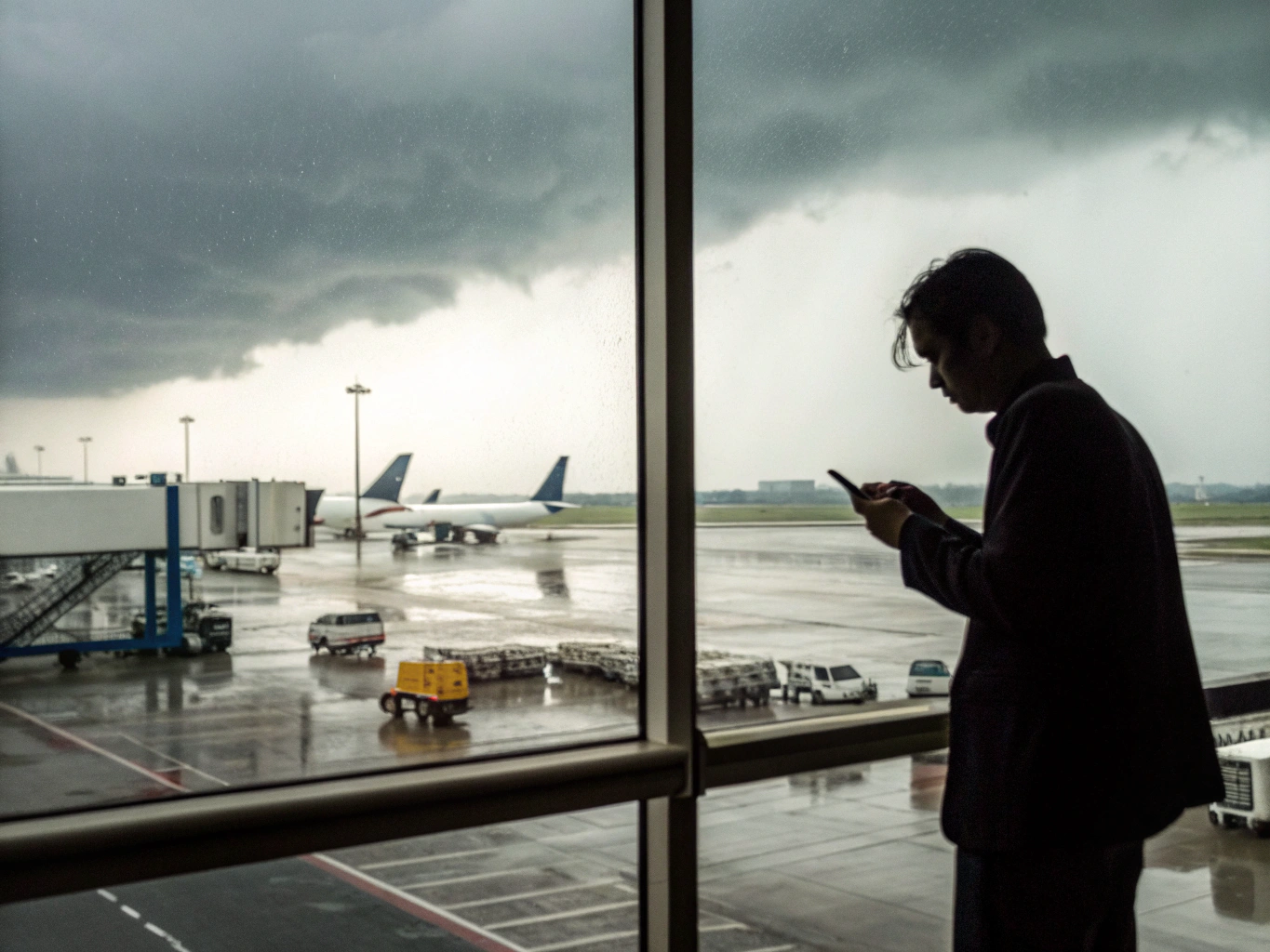 Air freight delay update Importer checking flight delay alert at airport window (ID#5)