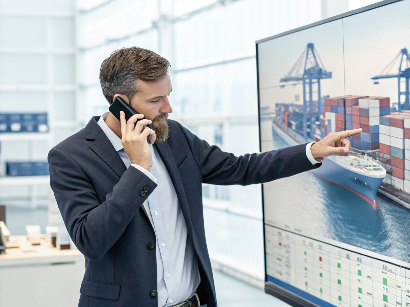 Shipping coordination meeting Businessman discussing shipping logistics on call (ID#5)