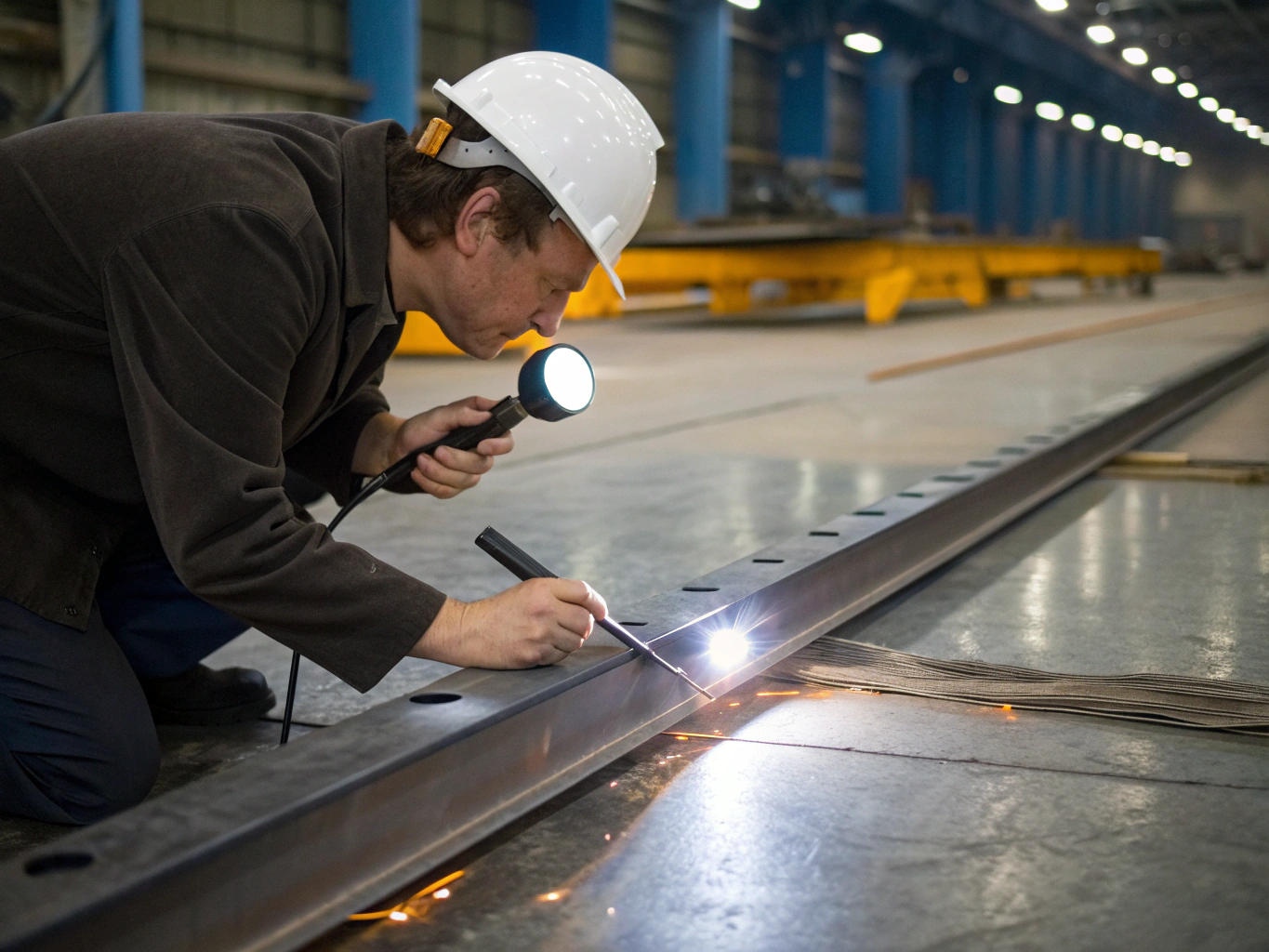 Engineer performing welding inspection with a flashlight, ensuring quality control (ID#5)