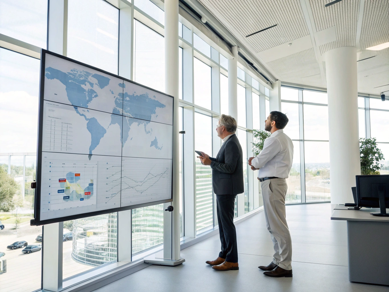 Global logistics strategy Executives analyzing global logistics map (ID#5)