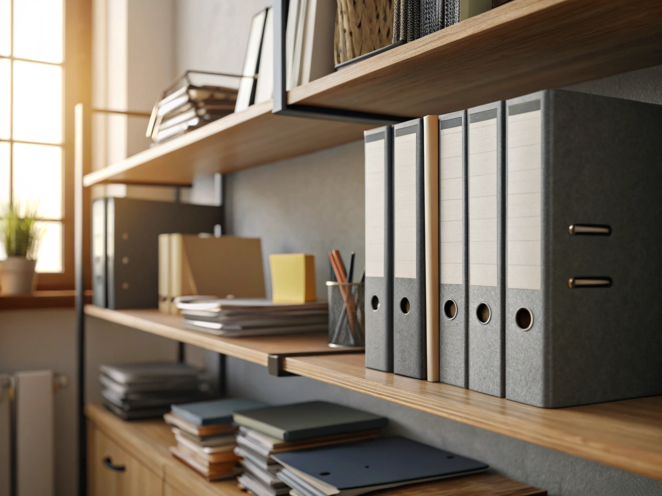 Office filing system Organized office shelf with files and documents under warm light (ID#5)