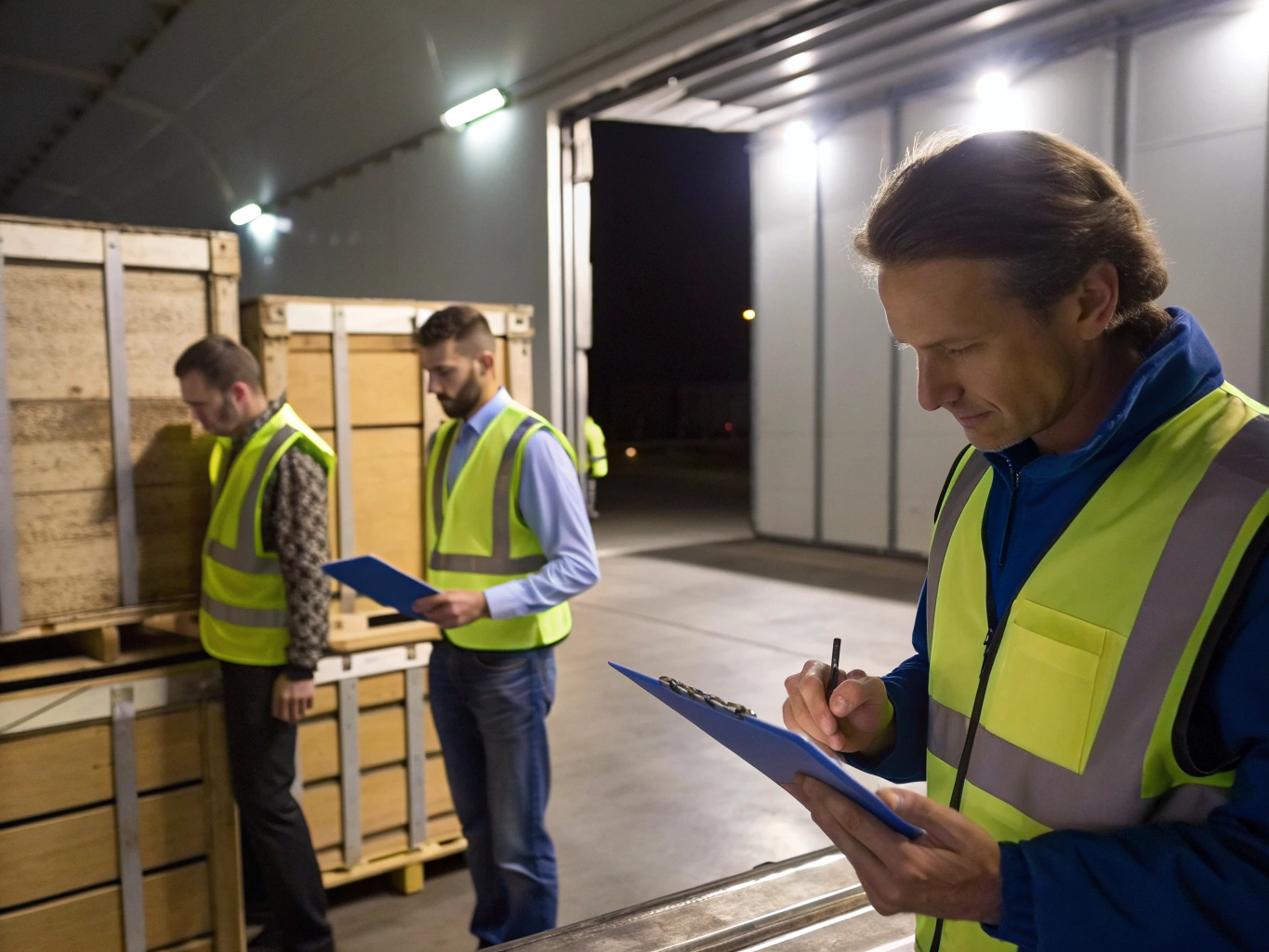 Final quality inspection before export Quality control team inspecting crates before shipment (ID#5)