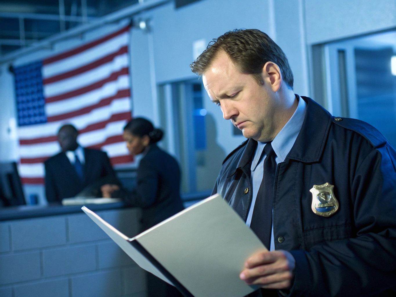 Police officer reading document with American flag behind (ID#5)
