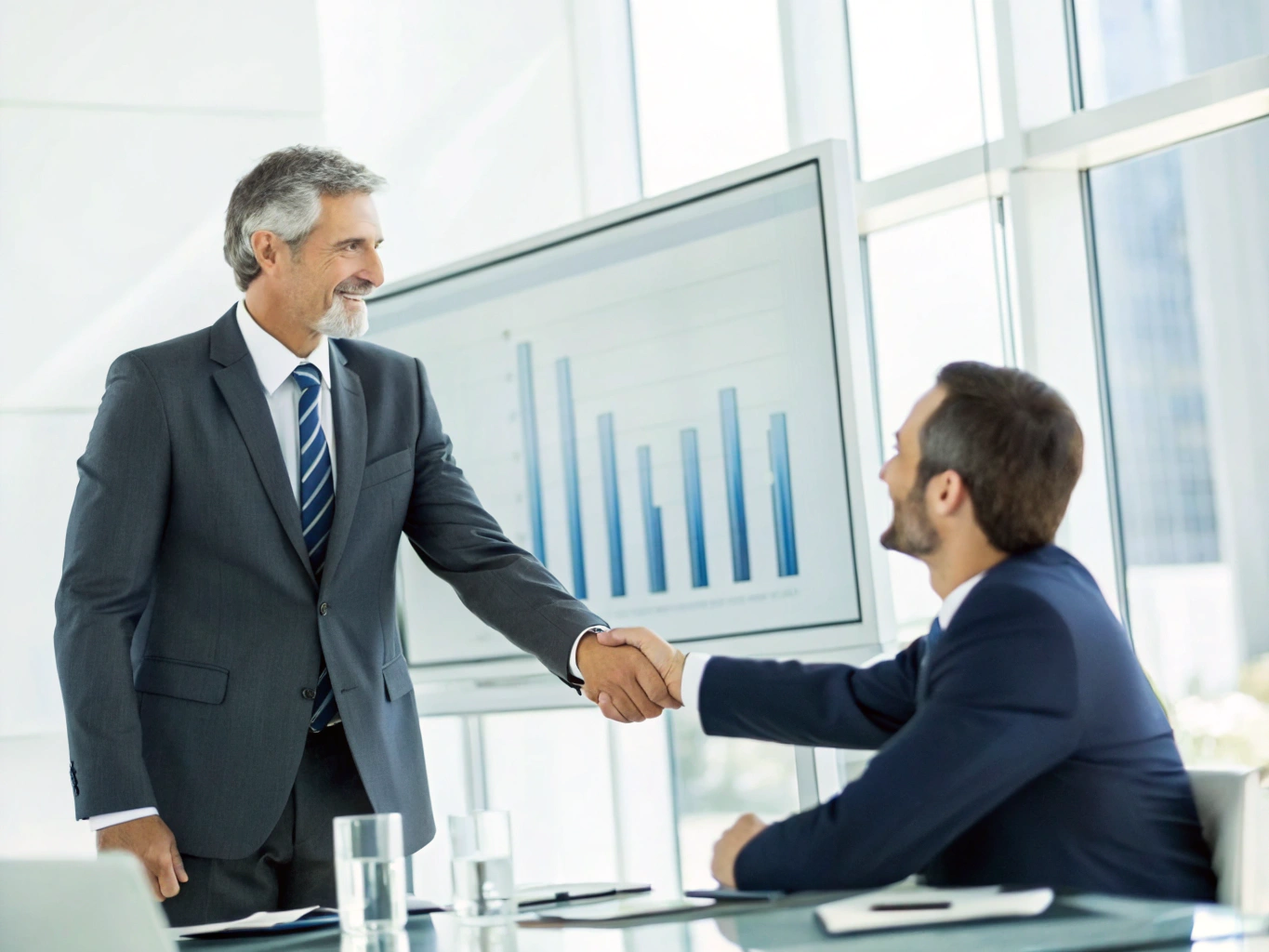 Two professional businessmen shaking hands after a successful high-trust meeting with bar graph background