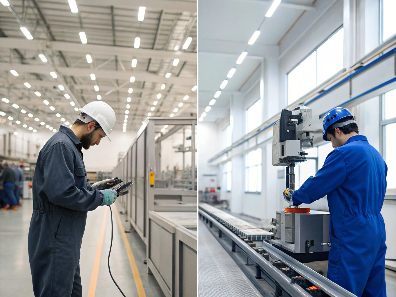 Engineers operating and testing machinery in modern production environments (ID#3)