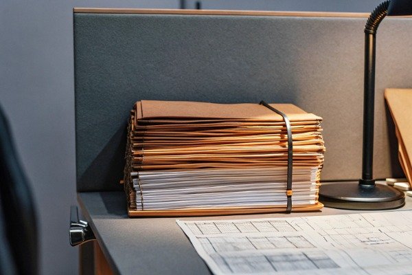 Organized stack of compliance documents and folders on a professional office desk (ID#1)