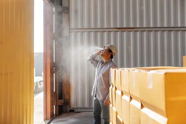 Professional purchasing manager in hard hat inspecting shipping containers at a warehouse (ID#1)