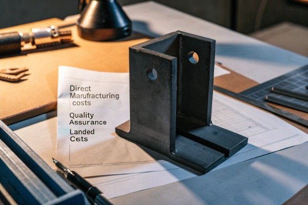 A dark metallic custom welded bracket on engineering plans (ID#1)