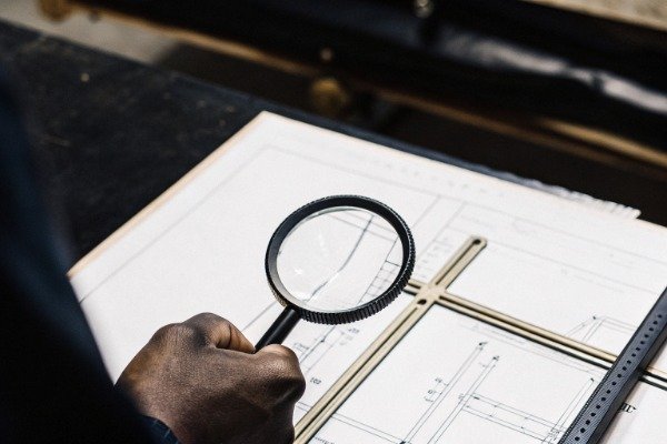 Hand holding magnifying glass over technical drawing (ID#1)