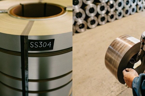 Close up of SS304 labeled metal coil and spectrometer reading in industrial setting (ID#2)