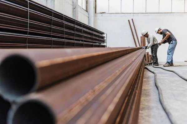 Factory workers cutting steel beams on a production floor (ID#2)