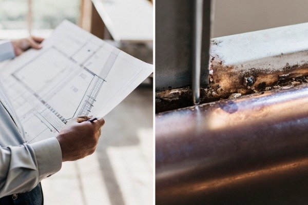 Split view showing an engineer reviewing blueprints and a close-up of a metal weld (ID#2)