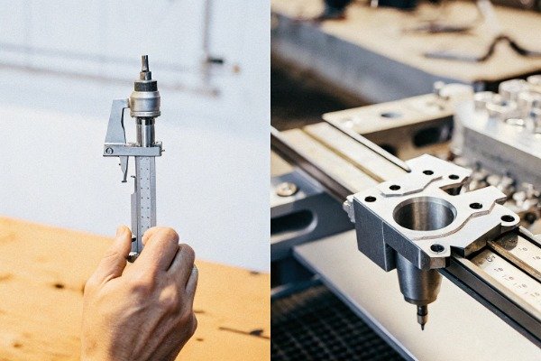 Side-by-side comparison of a hand holding a caliper and a complex metal component (ID#2)
