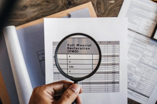 Hand holding a magnifying glass over a Full Material Declaration compliance document (ID#2)