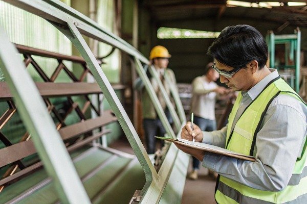 Auditor inspecting welding quality wearing safety vest (ID#3)