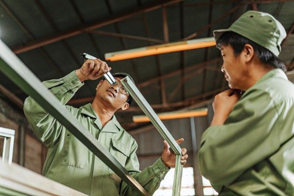 Sourcing agent inspecting aluminum frame in factory (ID#3)