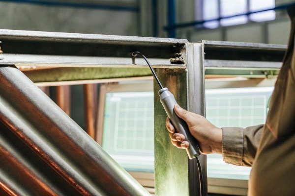 Technician performing ultrasonic testing on an aluminum frame in a factory (ID#3)